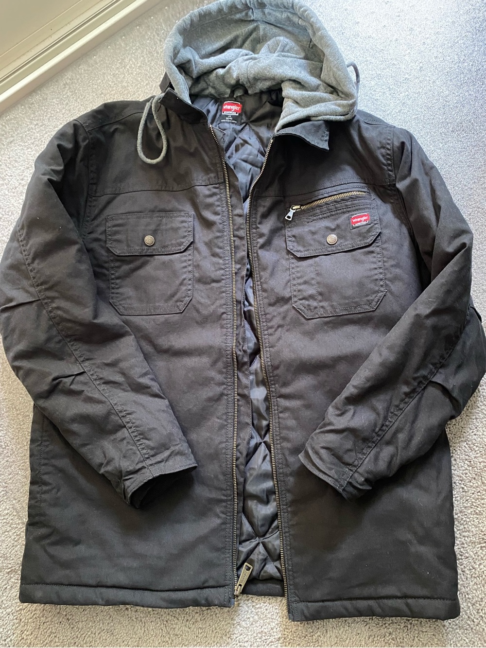 Wrangler Black Jacket with Gray fleece hood.
Wrangler men’s L/G 42-44